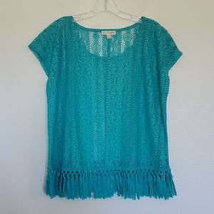 Love On A Hanger Turquoise Crocheted Look Lace W/Fringe Short Sleeve Top M